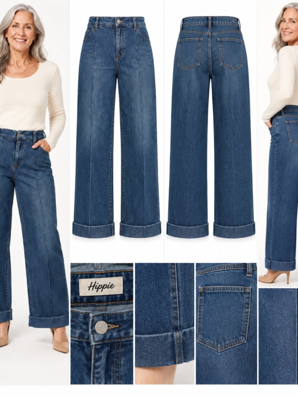 Hippie High Rise Wide Leg Trousers Jeans  Cuffed Hem Retro Boho Denim Sz 16